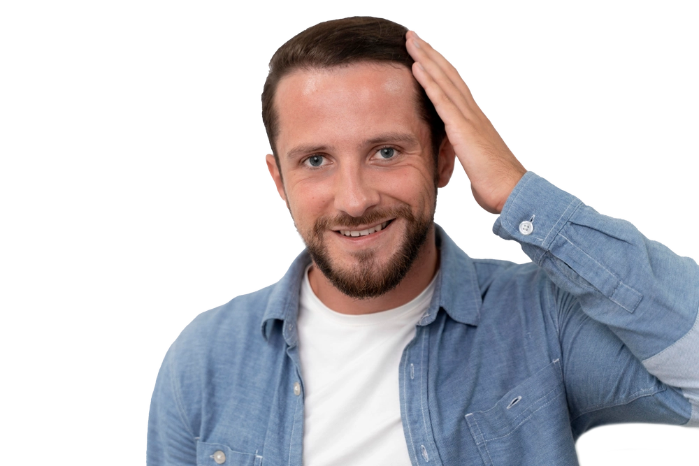 Man is blij om zijn haar